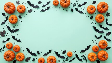 Fototapeta premium Top view frame made of small orange pumpkins and black paper bats on a light green halloween background
