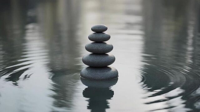 Tranquil basalt cairn: seek harmony, create peace, induce calm, radiate stillness, expand ripple, find center, reflect light, symbolize stability, practice mindfulness, soothe soul.