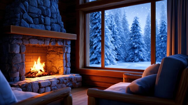 Cozy cabin interior with roaring fireplace and snowy forest view through large window