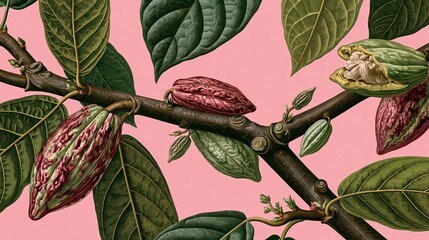 Fototapeta premium Vintage botanical illustration of cocoa pods and leaves on a branch against a soft pink background.