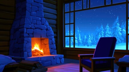 Fototapeta premium Cozy cabin with a stone fireplace, wooden interior, and a snowy forest outside the large window