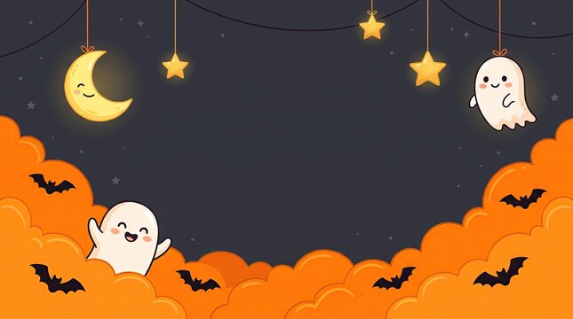 Cute halloween background featuring friendly ghosts hanging stars and flying bats over a vibrant orange cloudscape pattern design