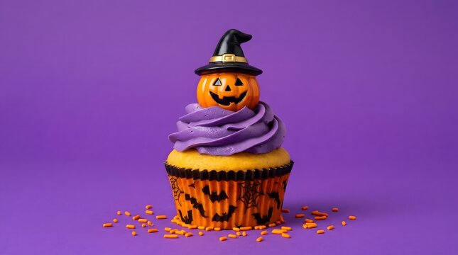 A delightful halloween themed cupcake with a pumpkin face and witch's hat perfect for spooky celebrations