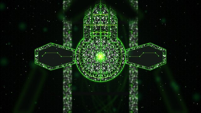 Futuristic Green Digital Interface HUD Display with Glowing Matrix Elements