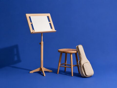 Wooden music stand with blank paper and a wooden stool beside a beige instrument case against a solid bright blue studio background wall