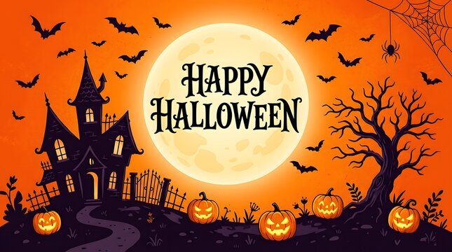 A spooky and delightful halloween scene featuring a castle bats pumpkins and a glowing full moon