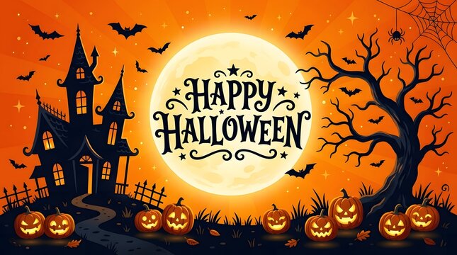 A spooky and delightful halloween scene featuring a castle pumpkins bats and a glowing full moon