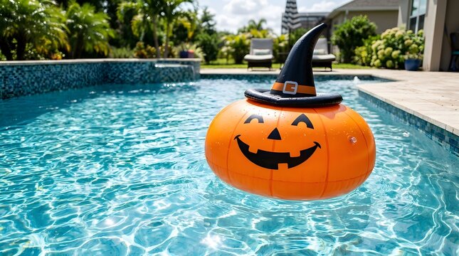 A festive halloween pumpkin float enjoys a relaxing swim in a bright blue backyard pool on a sunny day