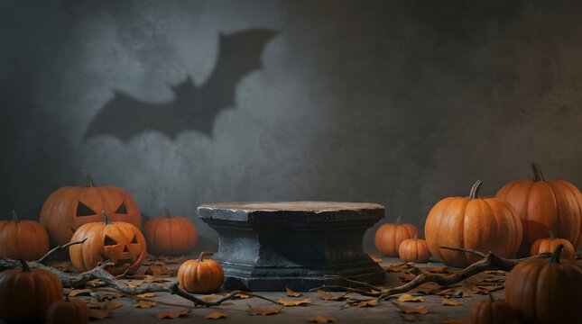 A spooky halloween scene featuring pumpkins a cauldron and a bat flying in a dark eerie night
