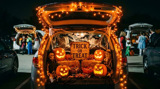 A spectacularly decorated vehicle glows with halloween spirit showcasing carved pumpkins and festive lights at night