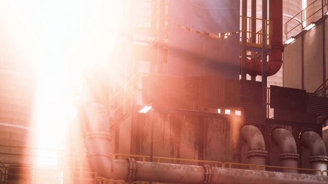 A large industrial space shows machinery and pipes. Bright light enters the area, illuminating various structures. Workers may be present, focusing on tasks.