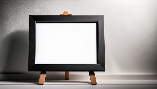 a black picture frame stands angled with a blank white insert on a small easel type stand displaying a modern look white background cutout