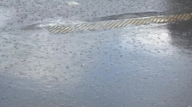 Rain falls on the street creating puddles in an urban area during a cloudy day