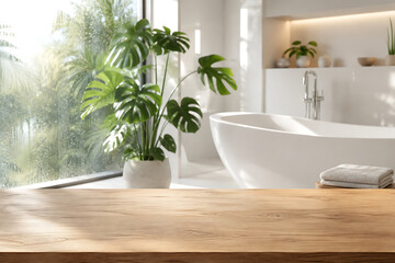 Fototapeta premium Bright minimalist bathroom interior with wooden countertop copy space, freestanding white bathtub, tropical plant, folded towels, large window, and soft natural morning light ambience concept