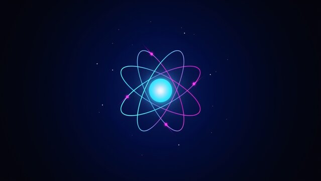 Neon glowing atomic structure symbolizing scientific innovation and quantum physics concepts on dark blue background with surrounded orbiting particles