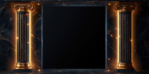 Fototapeta premium Elegant Gold and Black Corinthian Columns Frame a Dramatic Dark Space with Glowing Embers