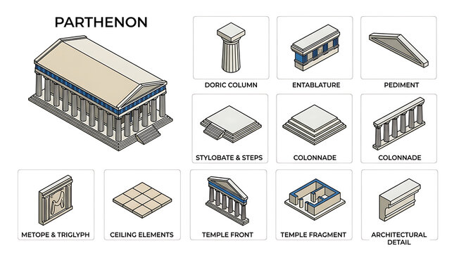Isometric Illustrations of Parthenon Architectural Elements and Details Presented in a Clear and Organized Grid Layout