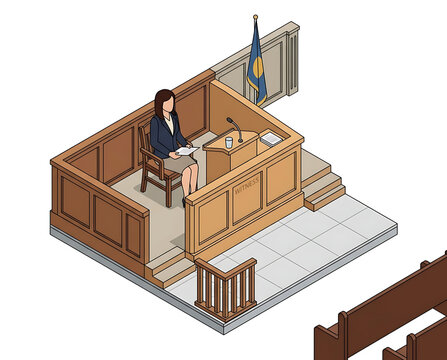 Isometric View of a Professional Woman Sitting at a Judge's Bench in a Courtroom Preparing for a Legal Case Presentation