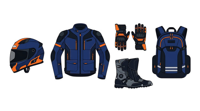 Comprehensive Set of Protective Biker Gear Including Helmet Jacket Gloves Boots and Travel Backpack for Professional Motorcyclist Safety
