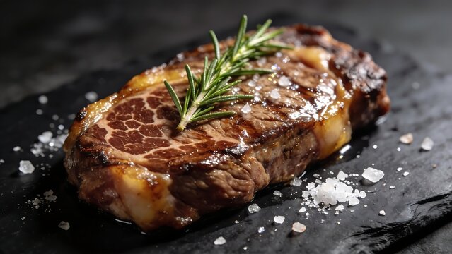 Gourment grilled beef steak seasoned with rosemary and sea salt