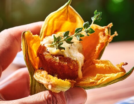hand holding a crispy fried zucchini blossom stuffed with cheese and thyme thymus vulgaris at an outdoor table