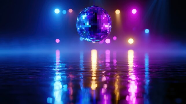 Disco ball reflects colorful lights on misty floor creating vibrant party atmosphere
