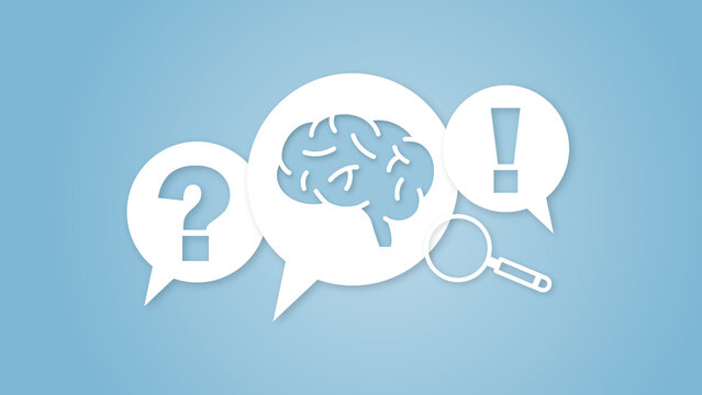 Conceptual illustration of brainstorming and problem solving featuring a glowing brain inside speech bubbles with question and exclamation marks alongside a magnifying glass.