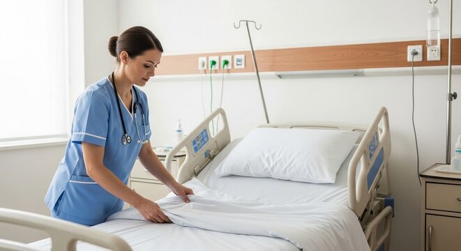 Caring nurse meticulously prepares a hospital bed for a patient's comfort and recovery in a medical ward
