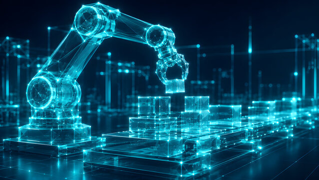 Robotic arm sorting industrial blocks in digital factory hub.