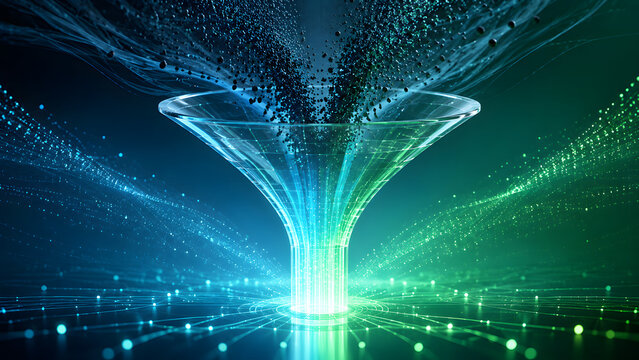 Data filtering process digital funnel technology blue.