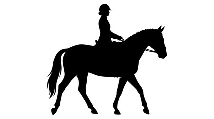 Fototapeta premium Horsewoman wearing a riding helmet sits atop a galloping horse in a side profile silhouette isolated on a white background which provides ample copy space for graphic design integration and branding.