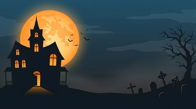 Spooky haunted house silhouette standing against a giant glowing orange full moon on a dark halloween night background