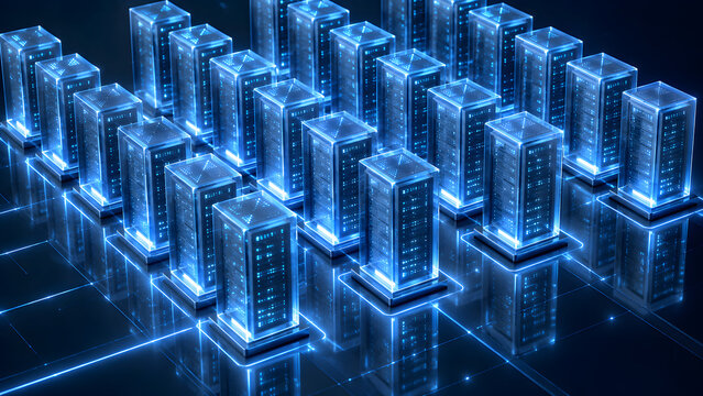 Server room array glowing blue technology digital.