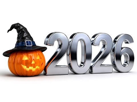 Silver metallic 2026 numbers standing next to a glowing jack o lantern pumpkin wearing a witch hat on a plain white studio background