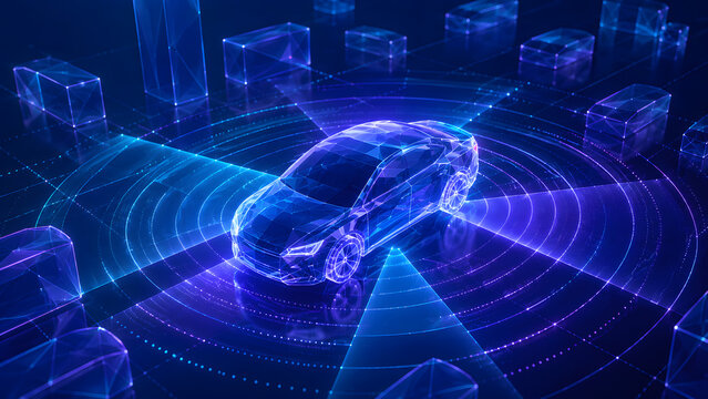 Autonomous car wireframe futuristic technology design.