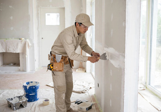 Professional worker drywall taping and mudding in bright airy interior