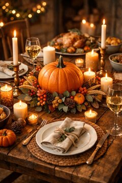 Rustic thanksgiving table setting with pumpkin centerpiece candles and autumn place setting for holiday dinner background and invitation design