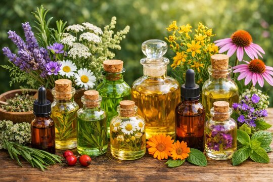Assorted herbal essential oil bottles with chamomile lavender and rose petals for natural wellness label and aromatherapy background