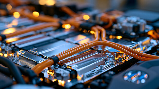 High detail cutaway view of a premium electric car battery pack with parallel rows of lithium ion cells, orange high voltage bus cables, polished metallic cooling plates and precision engineered com