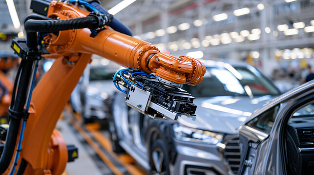 Industrial robot installing windshields on unbranded cars moving steadily along a conveyor belt, dramatic factory depth, ultra photorealism, cinematic color correction, natural uneven lighting yet g