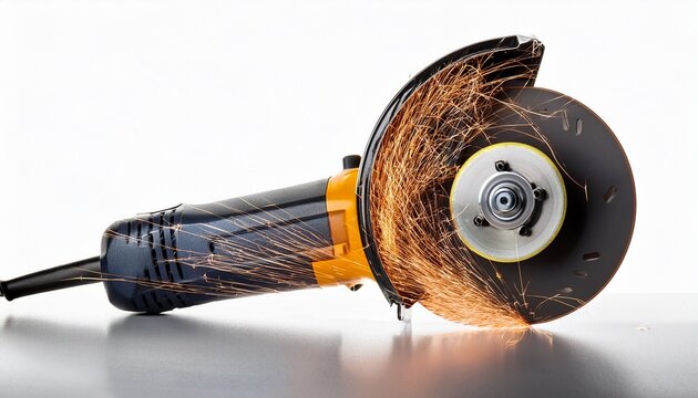 powerful angle grinder with sparks in action on white background