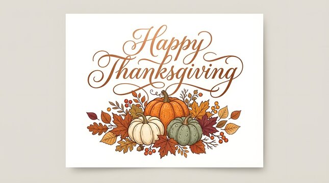 Happy Thanksgiving greeting card design with hand drawn pumpkins and autumn leaves