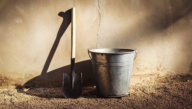 dirty bucket and shovel lean against distressed concrete