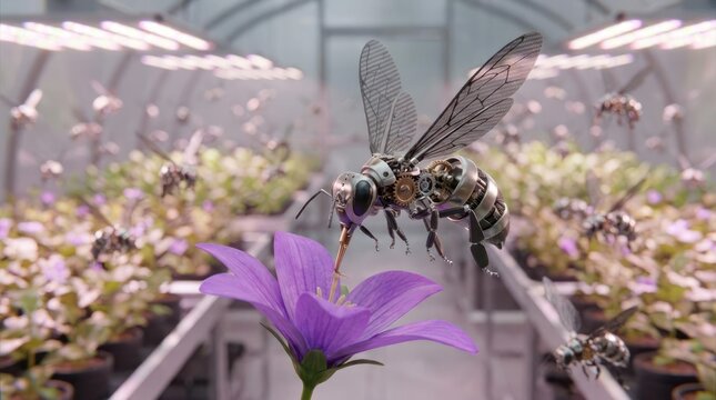 Bionic robotic bee pollinating flower in greenhouse laboratory.