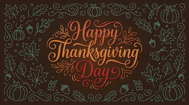 Happy Thanksgiving Day vintage greeting card with ornate gold text and autumn floral pattern on dark red background