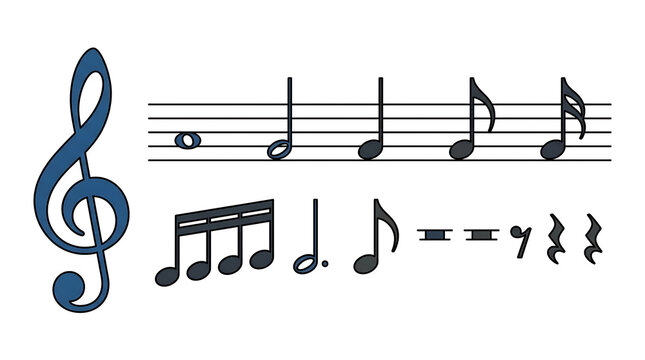 Musical Notation Symbols Including Treble Clef Eighth Notes and Quarter Notes On A White Background