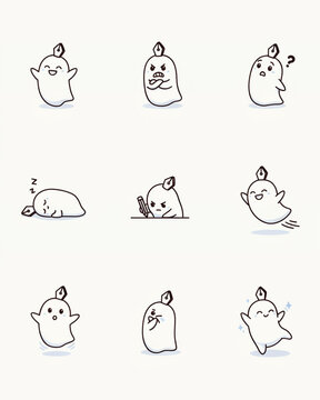 Cute sprout ghost character line art emoji set, funny plant ghost mascot expressions, happy, sleeping, flying and jumping vector illustration isolated on white background