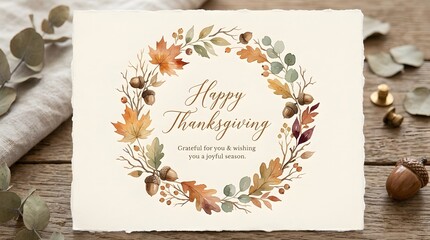 Fototapeta premium Happy Thanksgiving greeting card with watercolor autumn leaf wreath on rustic wood table