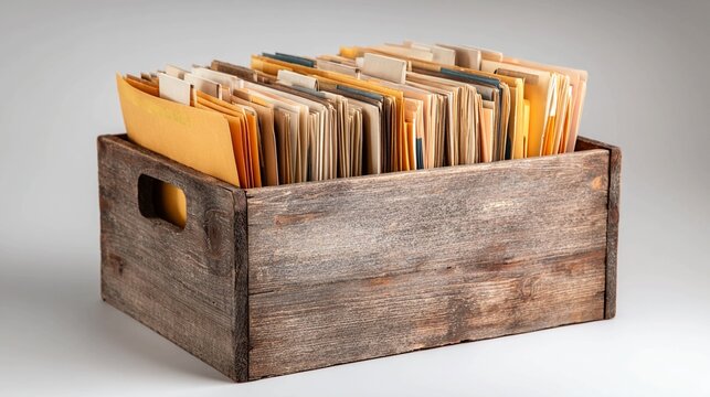 A rustic wooden crate filled with organized files and documents on a plain background