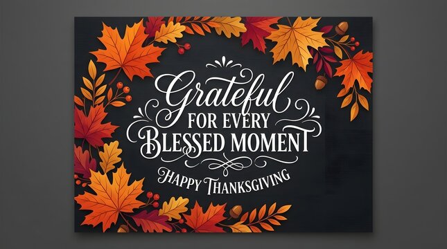 Thanksgiving greeting card design with autumn leaves and grateful typography on chalkboard.